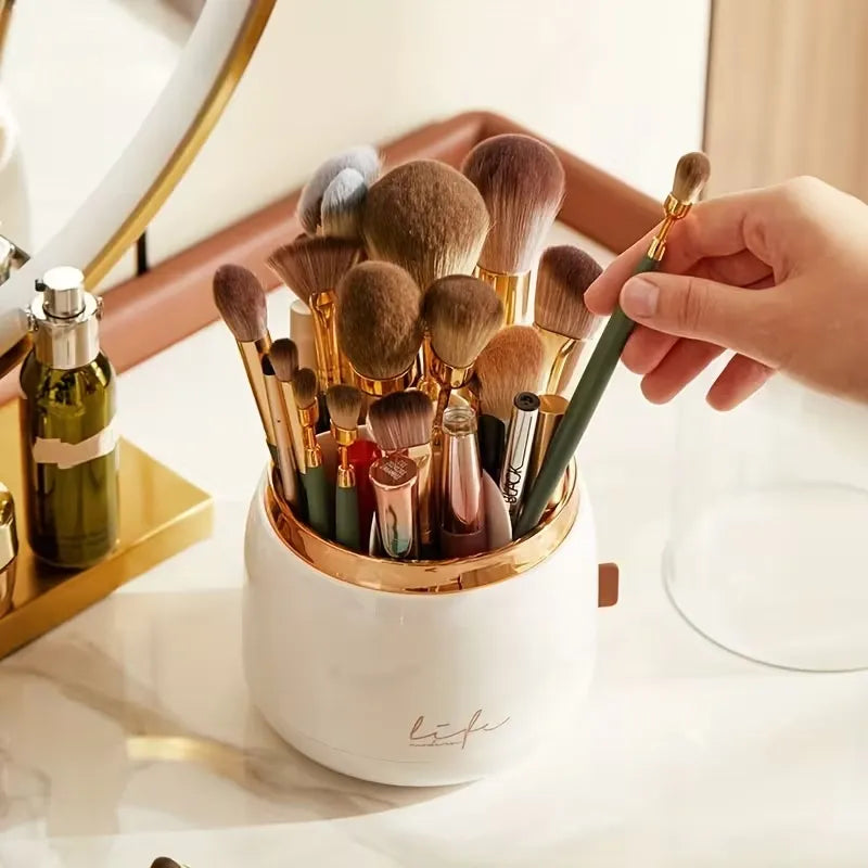 360-Degree Rotating Cosmetic Organizer Makeup Brush Holder With Clear Lid- Dustproof Desktop Makeup Brushes Organizer For Vanity