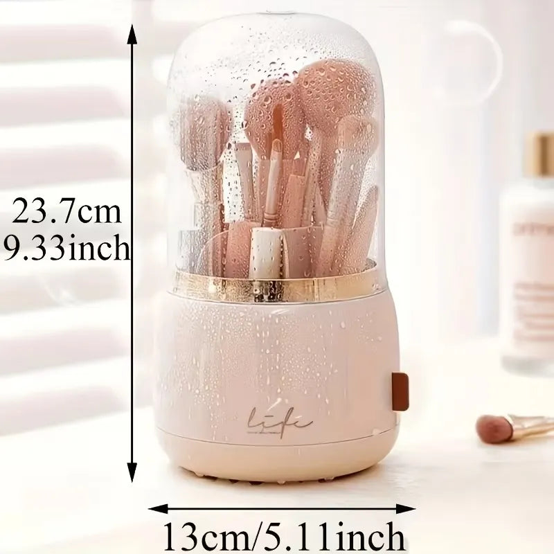 360-Degree Rotating Cosmetic Organizer Makeup Brush Holder With Clear Lid- Dustproof Desktop Makeup Brushes Organizer For Vanity
