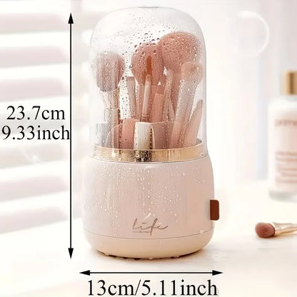 360-Degree Rotating Cosmetic Organizer Makeup Brush Holder With Clear Lid- Dustproof Desktop Makeup Brushes Organizer For Vanity