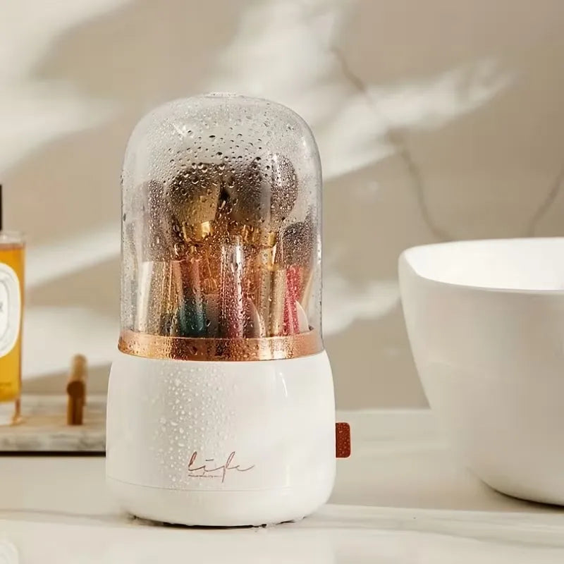 360-Degree Rotating Cosmetic Organizer Makeup Brush Holder With Clear Lid- Dustproof Desktop Makeup Brushes Organizer For Vanity