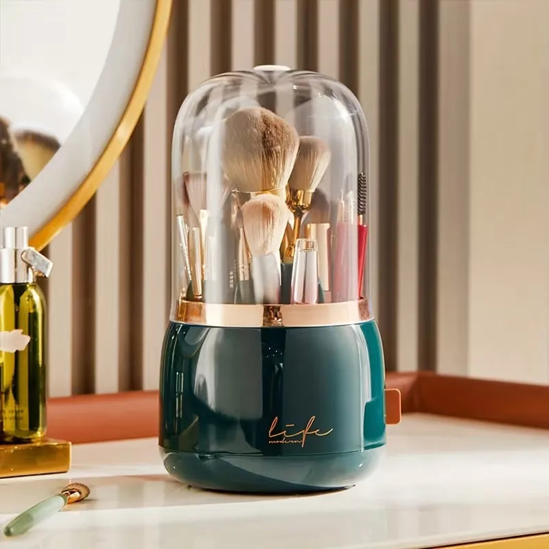 360-Degree Rotating Cosmetic Organizer Makeup Brush Holder With Clear Lid- Dustproof Desktop Makeup Brushes Organizer For Vanity